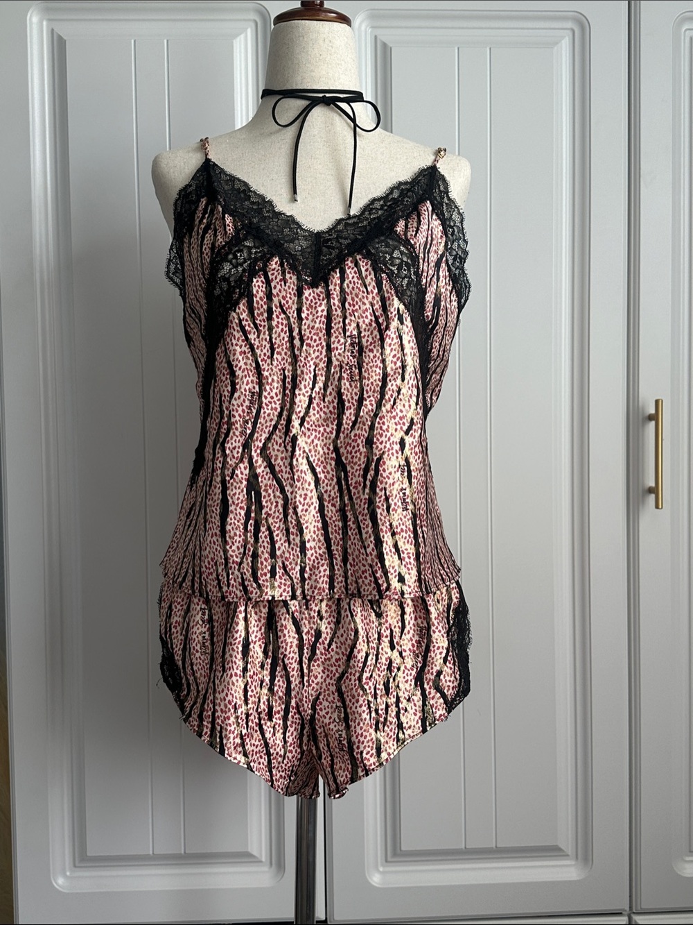 Victoria's Secret Pink and Black Lace Trim Satin Pajama Set